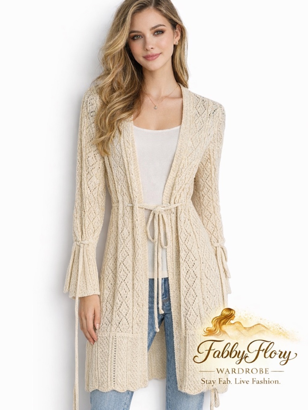 European Boho Drop Beige Knit Cardigan with Tie Waist